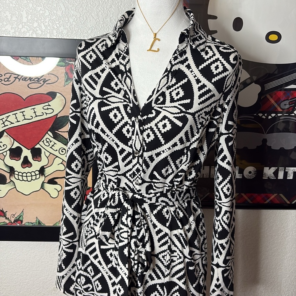 INC International Concepts White Black Collared Detail Button Up Dress Office - Picture 2 of 7